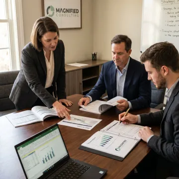 Business advisors reviewing merger and acquisition documents