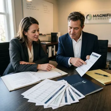 Consultants reviewing acquisition documents
