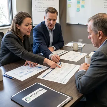 Business consultants reviewing cost reduction plans