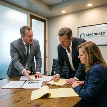 M&A advisors reviewing business transaction documents