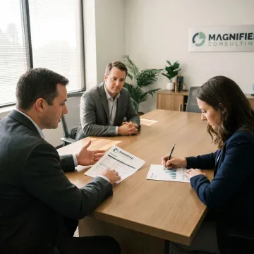 Consultants reviewing financial strategy with business owners