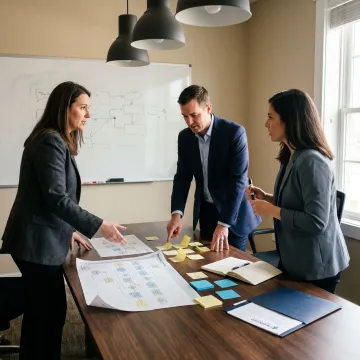 Consultants mapping business workflows on a board