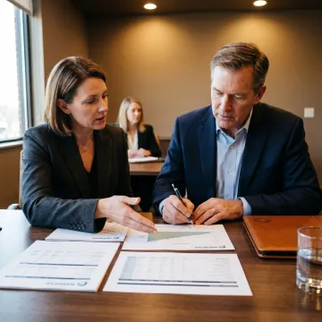 Consultants reviewing merger and acquisition documents