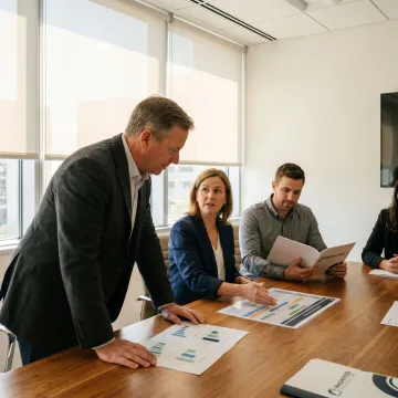 Business consultants reviewing a strategic roadmap with owners