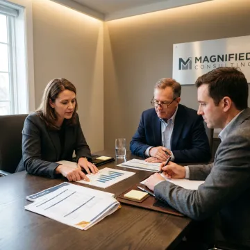 Consultants reviewing business strategy with executives