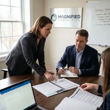 Competitive intelligence consultants reviewing market data