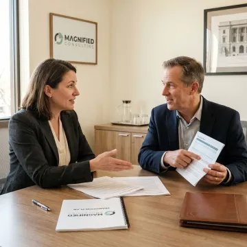 Business advisors reviewing merger documents