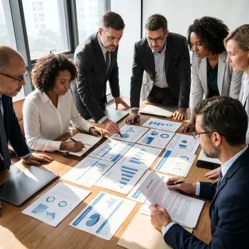 Business consultants reviewing strategy plans with executives