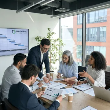 Business turnaround consultants reviewing financial strategy