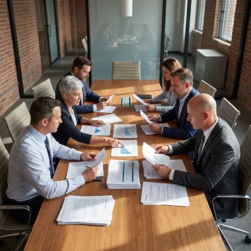 Business advisors reviewing M&A documents with company owners
