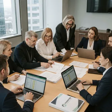 Consultants reviewing M&A strategy documents