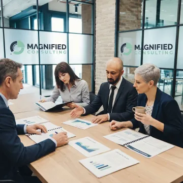Consultants reviewing business strategy with executives
