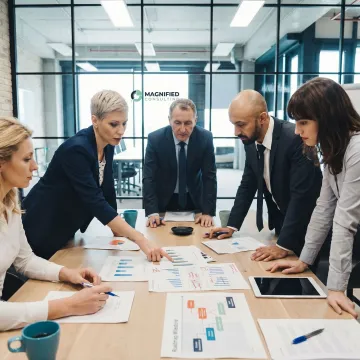 Business advisors reviewing a growth strategy roadmap