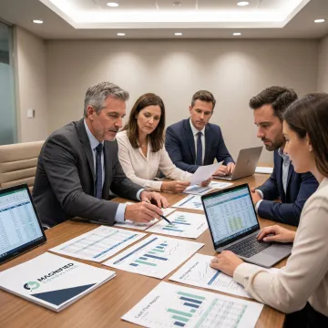 Consultants reviewing business cash flow reports