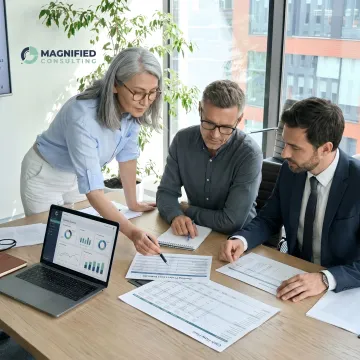Consultants reviewing roofing company financial reports