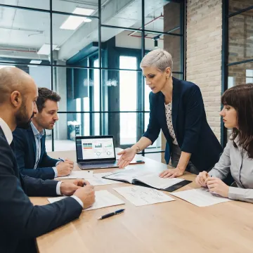 Business coach reviewing financial strategy with owners