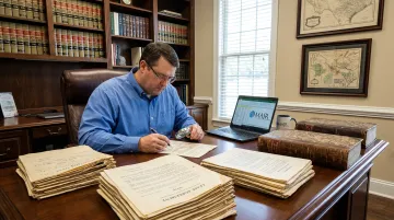 Landman reviewing mineral rights title documents and lease records
