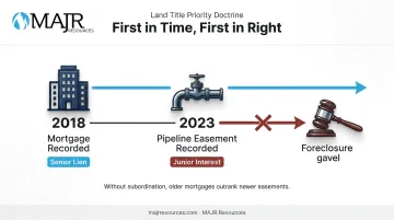 Timeline showing 2018 mortgage outranking 2023 pipeline easement in foreclosure