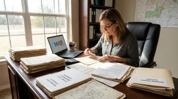 Landman specialist verifying mineral rights and title records for solar lease