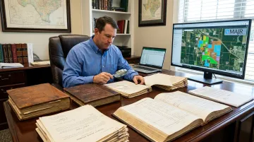 Landman researching mineral rights ownership records and title chain documents
