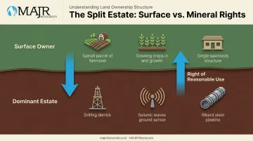 Split estate diagram showing separate surface and mineral rights ownership in Texas