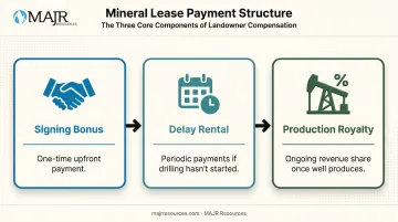 Three-part mineral lease payment structure signing bonus and royalty