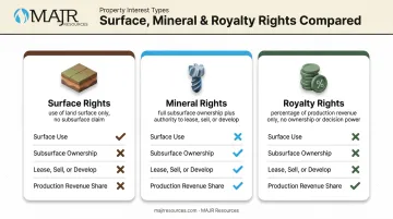 Comparison of mineral rights royalty rights and surface rights ownership