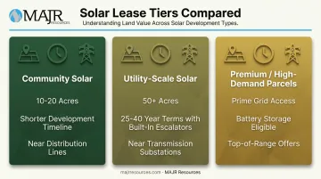 Comparison of community utility-scale and premium solar lease tiers by acreage