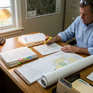 Landman reviewing maps and title records