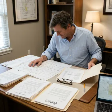 Landman reviewing lease documents and maps