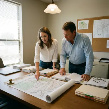 Land professionals reviewing title due diligence files