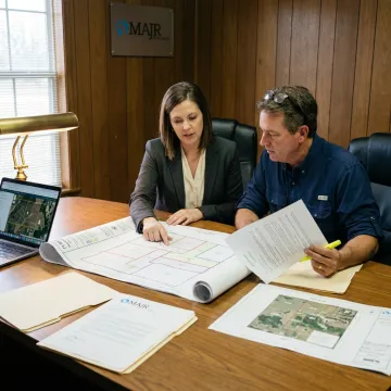 Energy consultants reviewing land records and project maps