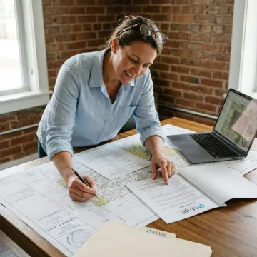 Land consultant reviewing maps and title documents