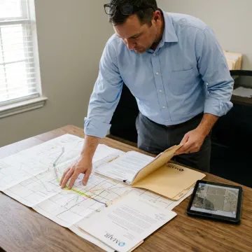 Landman reviewing pipeline route maps