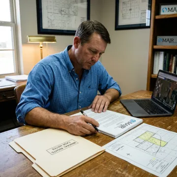 Landman reviewing title and lease records