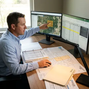 Consultant analyzing energy leasehold maps