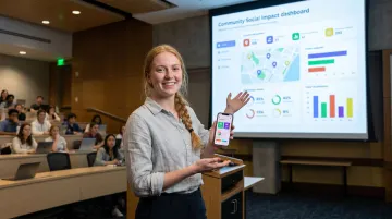 Young student developer presenting mobile app solution to school anti-bullying audience