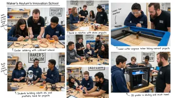 Maker's Asylum Innovation School students using fabrication tools and electronics equipment