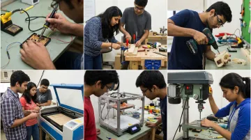 Maker's Asylum Innovation School students building functional prototypes in makerspace