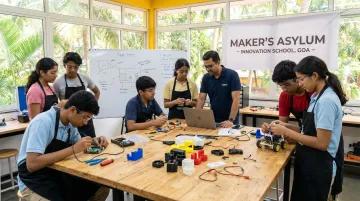 Maker's Asylum Innovation School students building prototypes in hands-on STEAM lab residency