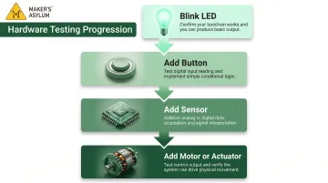 Four-step incremental microcontroller testing process from LED blink to motor control