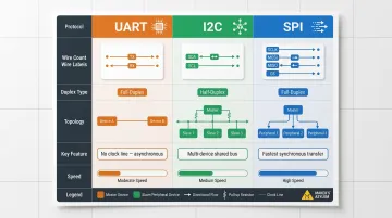 UART I2C SPI communication protocol comparison wires duplex topology and speed infographic