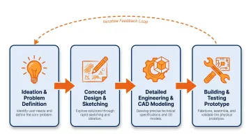 Four-stage hardware product development process from ideation to prototype infographic