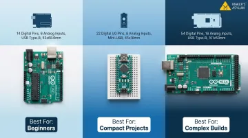 Arduino Uno Nano and Mega board comparison specs for beginners
