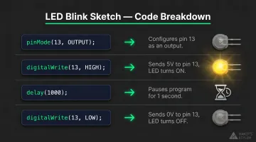 Arduino LED blink sketch code breakdown with pin function annotations
