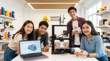 Diverse student group collaborating around 3D printer reviewing design iterations together