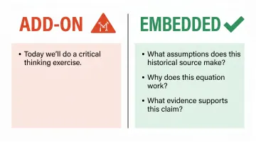 Embedded versus add-on critical thinking instruction side-by-side classroom comparison infographic