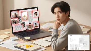 Student reviewing poorly presented portfolio layout with cluttered images and low quality photos