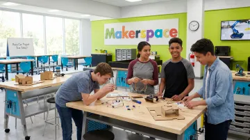 Students collaborating in vibrant makerspace with tools prototypes and creative signage visible
