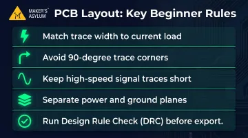 PCB layout design rules checklist infographic for beginner student makers
